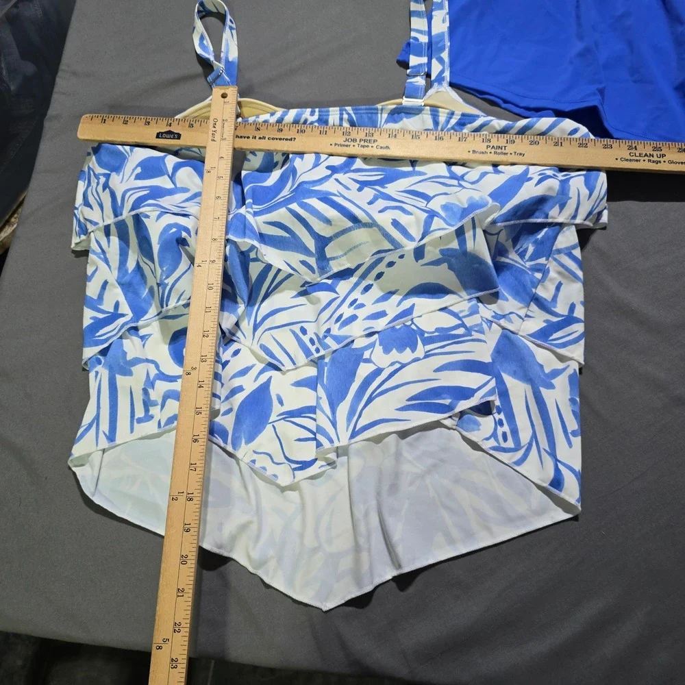 Susan Graver Tankini Swimsuit Set Women 26W Blue White Ruffle Tropical Skirt